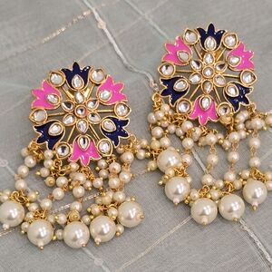 Gold and Pink Earrings with Pearl Strands